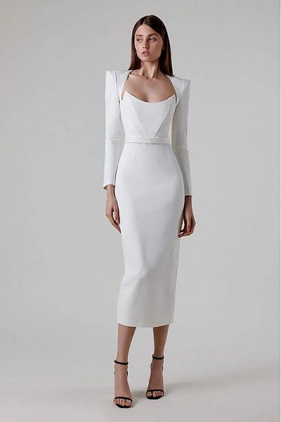 bontesel Midi Length White Wedding Dress Engagement Dress White Evening Dress