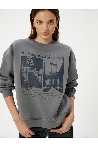 Koton Raised Printed Sweatshirt Comfortable Fit Crew Neck Long Sleeve