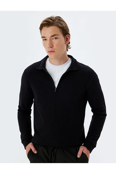 Koton Cotton Polo Collar Sweatshirt - Half Zipper, Long Sleeve