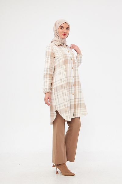 Giyim Gezegeni Single Pocket Sleeve Elastic Checked Striped Women's Winter Lumberjack Tunic Shirt