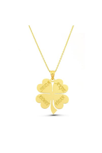 VeraDesignGold 14 Ayar Altın Kişiye Özel Kolye, Isimli Kolye, Yonca Kolye, Kalpli Ve Isimli Aile Kolye