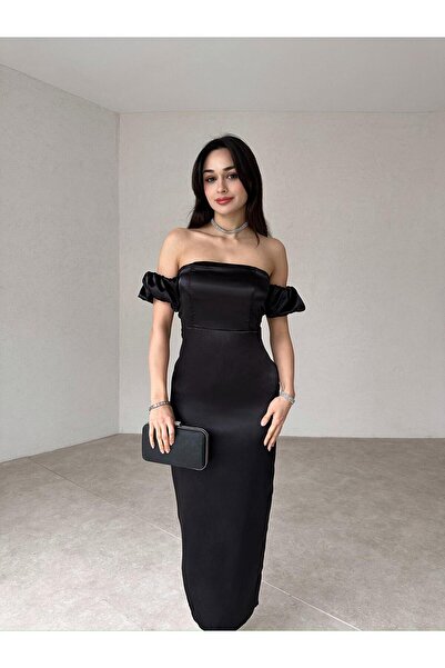 popibutik Straplez Kol Detaylı Yırtmaçlı Midi Boy Siyah Şifon Elbise