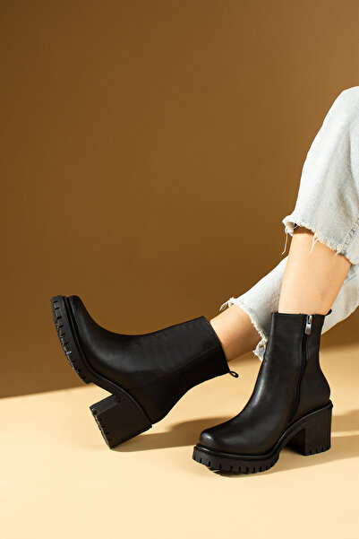 Pembe Potin Kadın Siyah Poli Taban Fermuarlı Rahat Kalıp Sıcak Astar Topuklu Bot