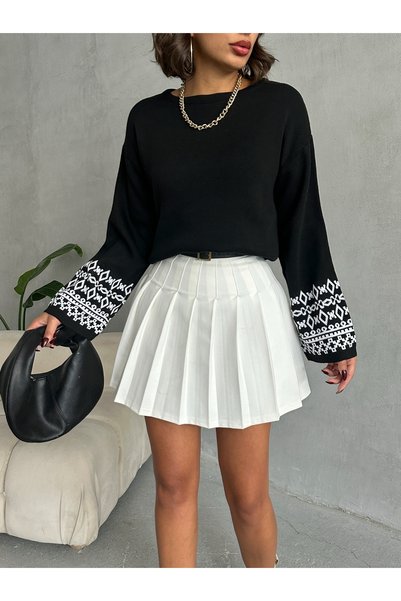 Nosia Patterned Sleeves Design Long Sleeve Knitwear Sweater