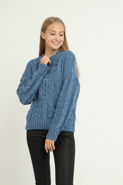 Blue Petrol Kadın Ön Örgü Detaylı Kazak Triko Bisiklet Yaka Kazak