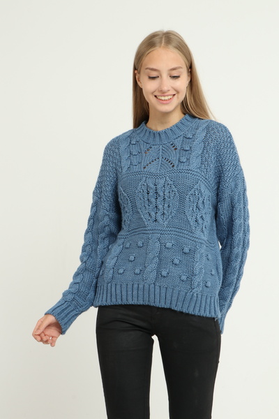 Blue Petrol Kadın Ön Örgü Detaylı Kazak Triko Bisiklet Yaka Kazak