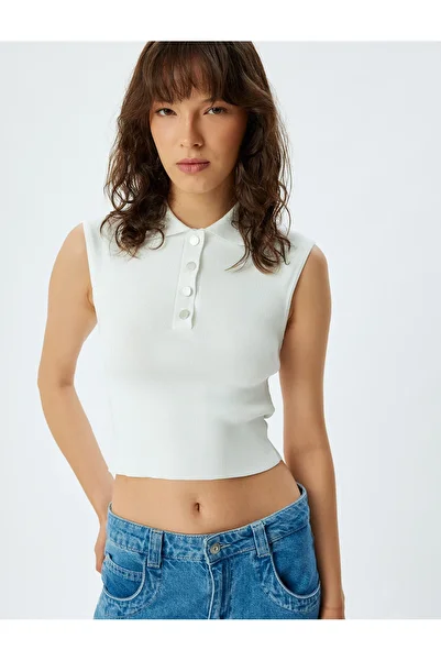 Koton Sleeveless Buttoned Polo Collar Crop Knitwear Top
