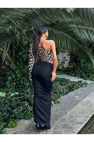 PAGOBUTİK Top cu o singură mânecă Fusta leopard Rochie cu fante