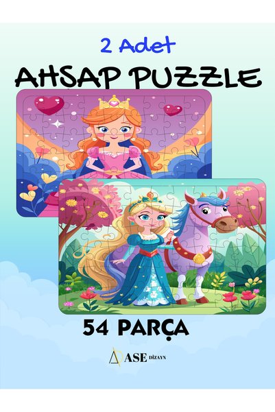 ASE DİZAYN ahşap çocuk puzzle yapboz 54 parça 2 adet prensesler