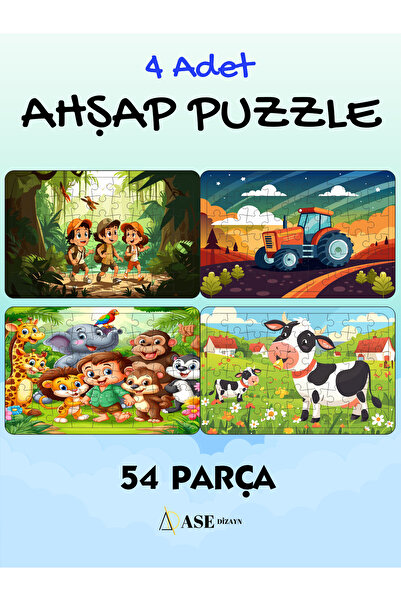 ASE DİZAYN ahşap çocuk puzzle yapboz 54 parça 4 adet
