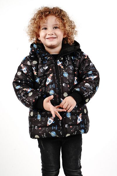 Merdia Space Patterned Children's Coat with Fur Inside and Hood