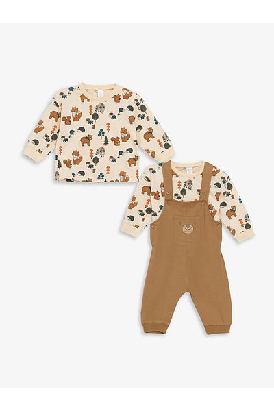 LC Waikiki Lcw Baby Dark Beige Embroidered Baby Boy Salopet and T-Shirt Set of 2
