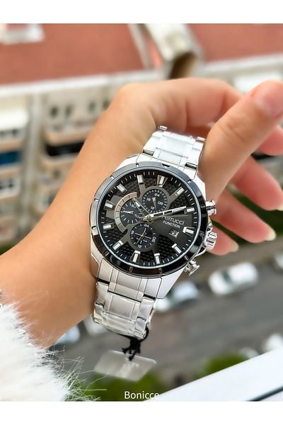 Ferrucci Brand Functions Active Silver Color Steel Cord Men's Wrist Watch + Rosary Bracelet
