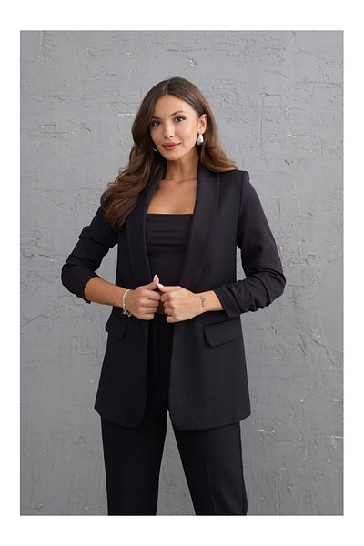 Elif Özbey Butik Jachetă neagră cu guler șal cu mâneci adunate