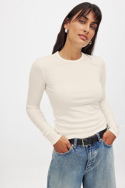 CHEISU Ecru Women's T-Shirt - Long Sleeve, Crew Neck, Ribbed Camisole Blouse