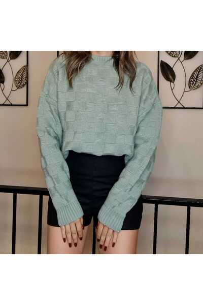 Butik Tasarım Model Mint Yeşili Örme Kazak