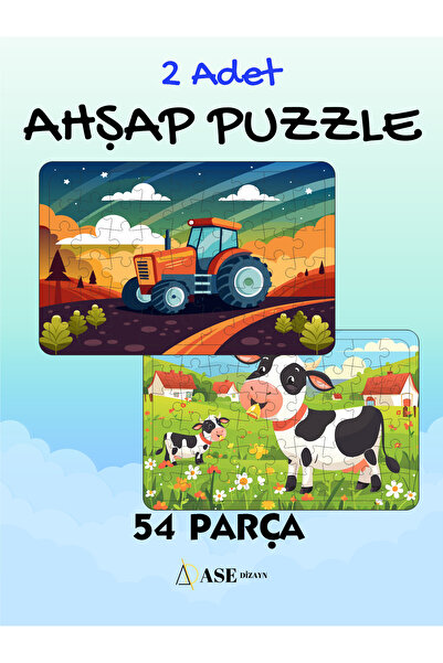 ASE DİZAYN ahşap çocuk puzzle yapboz 54 parça 2 adet