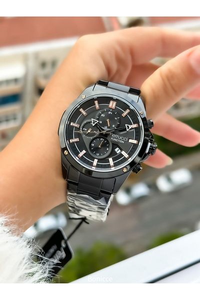 Ferrucci Brand Functions Active Black Color Steel Cord Men's Wrist Watch + Rosary Bracelet
