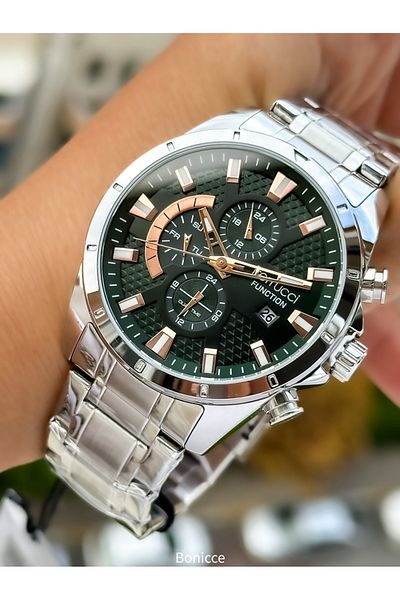 Ferrucci Brand Functions Active Silver Color Steel Cord Men's Wrist Watch + Rosary Bracelet
