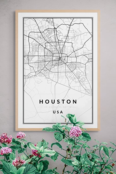 Houston Şehir Haritası Tablosu 35x50 Cm Yüksek Kalite Fineart Baskı Ahşap Çerçeveli