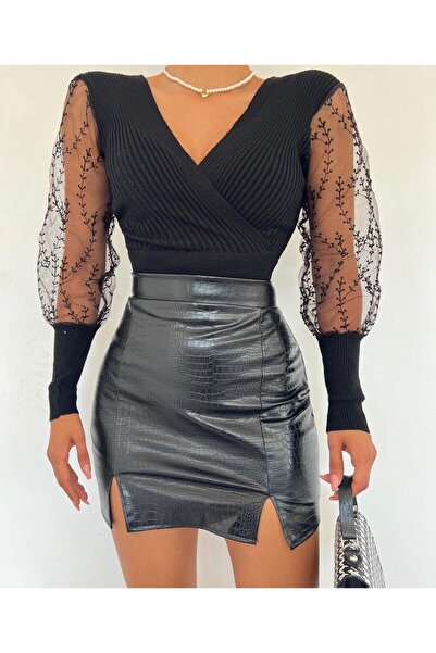 bi Basic Kol Tül Detaylı Kruvaze Triko Kazak