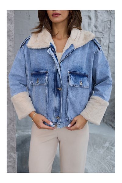 Elif Özbey Butik Palton Jean cu blană albastră