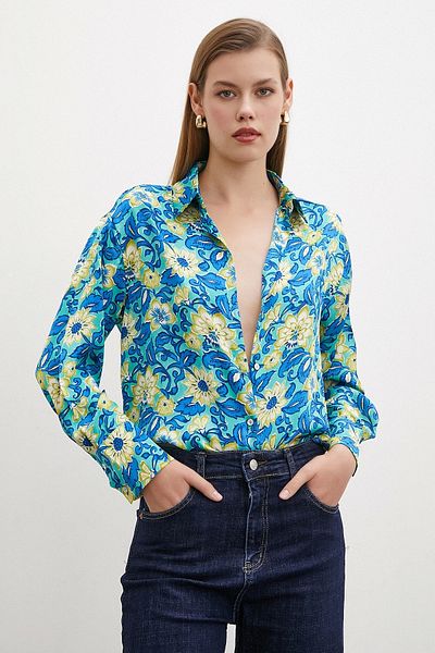 Never more Cămașă cu model Lotus albastru