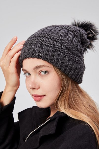 derikem Women's Winter Stylish Pompom Lined Knitted Beanie