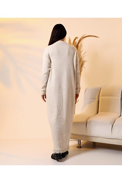 Bracha Φούστα με ριμπ μοτίβο γιακά με φούντα Μοντέλο Άνετο μακρύ πλεκτό φόρεμα