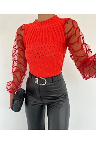 bi Basic Sleeve Tulle Detailed Crew Neck Knitwear Sweater