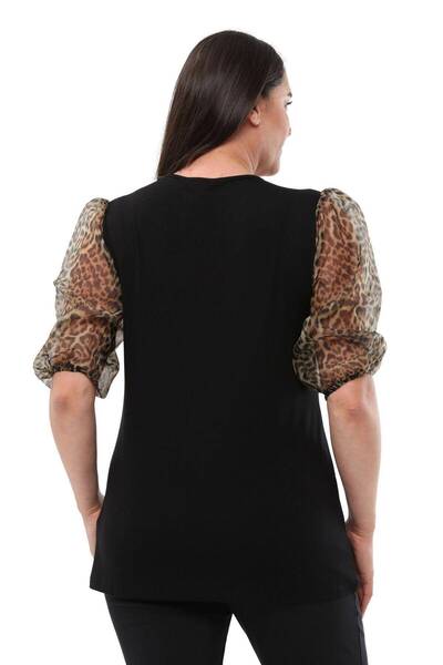 Hanezza Kadın Büyük Beden Siyah Leopar Desenli Bisiklet Yaka Balon Kol 42-54 Viskon Pamuklu Bluz