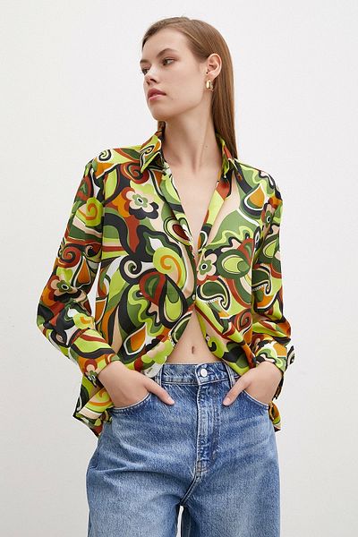 Never more Green Satin Shirt - Marbled Patterned