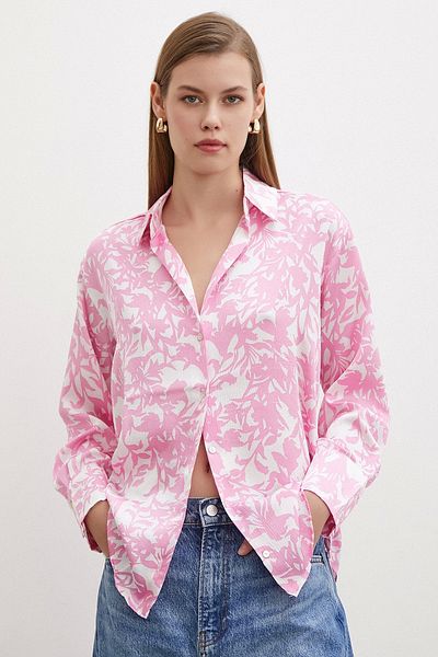 Never more Pink Patterned Satin Shirt - Wafer Model