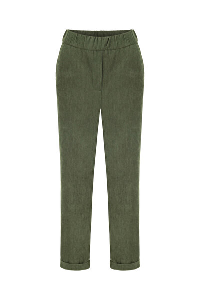 Mudo Women's Khaki Velvet Textured Relaxed Fit Trousers