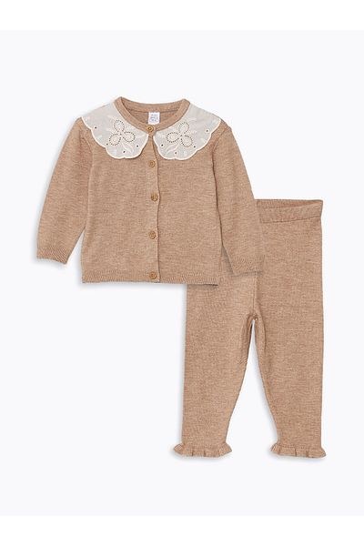 LC Waikiki Lw - Baba nyakörv, hosszú ujjú, hímzett kislány kardigán és leggings szett 2 darabból