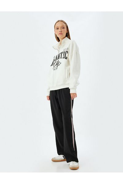 Koton Wide Leg Trousers High Waist Stripe Detailed Lace-Up Waist Crepe Fabric