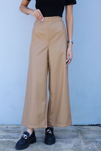 LOCCO Дамски кожени широки панталони в цвят норка