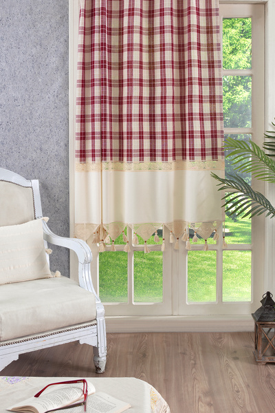 ÖDEL HOME Bordo Buldan Kumaşı Ara Dantelli Ekose Desenli Ponpon Detaylı Perde