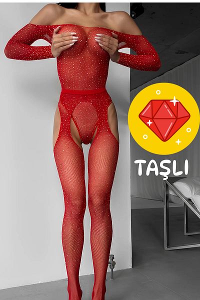BUSEMSHE Women's Glittery Knitted Garter - Fishnet Pantyhose and Jewelled Babydoll 2 Piece Set