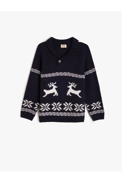 Koton Detailní pletený svetr s dlouhým rukávem se vzorem jelena