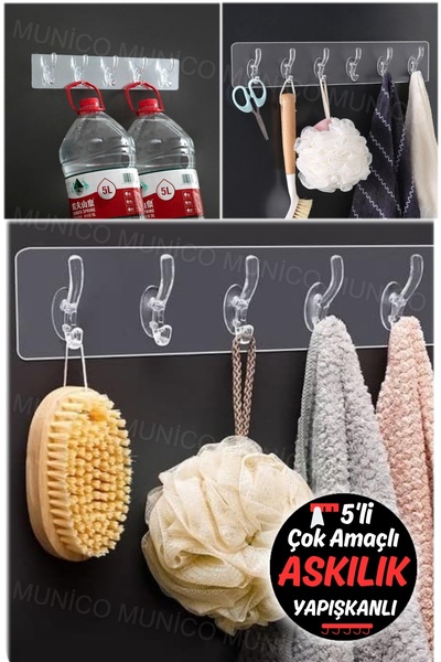 Gaggani Pratik Heryere Yapışan 5 Kancalı Şeffaf Askılık Mutfak ve Banyo İçin ...
