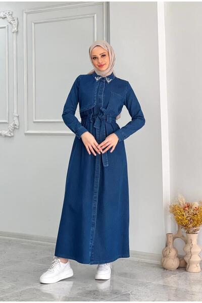 Cardella Camellia Denim Jeans Υφασμάτινο Πέτρινο Μακρύ Φόρεμα Hijab με λεπτομέρεια