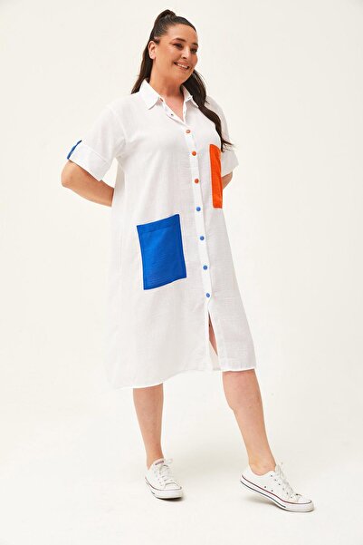 Ebsumu Γυναικείο φόρεμα με πολύχρωμο λευκό πουκάμισο με λεπτομέρεια τσέπης