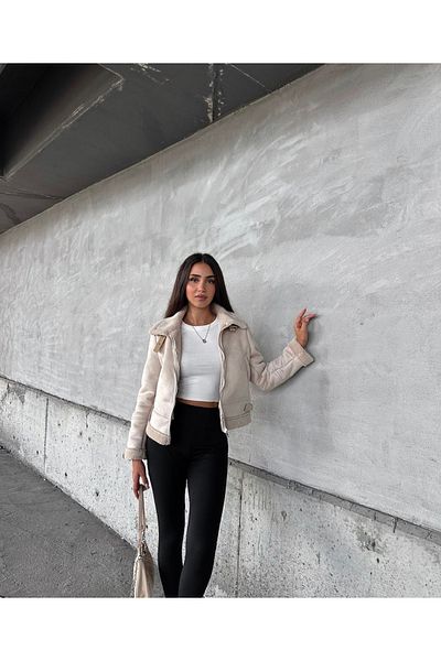 Ekim Store Biker-Crop-Wildledermantel mit Plüschkragen