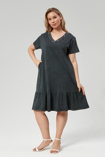 Ebsumu Plus Size Stone and Pearl Detailed Anthracite Pleated Dress