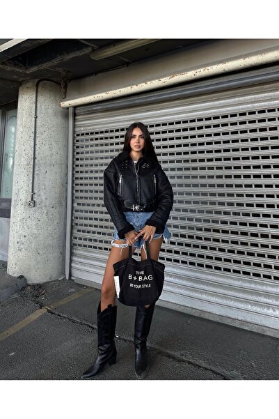 Ekim Store Palton negru din piele intoarsa cu curea laminata