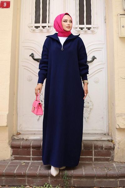 Cardella Ribbed Knitwear Dress - Zipper Collar Hijab Dress