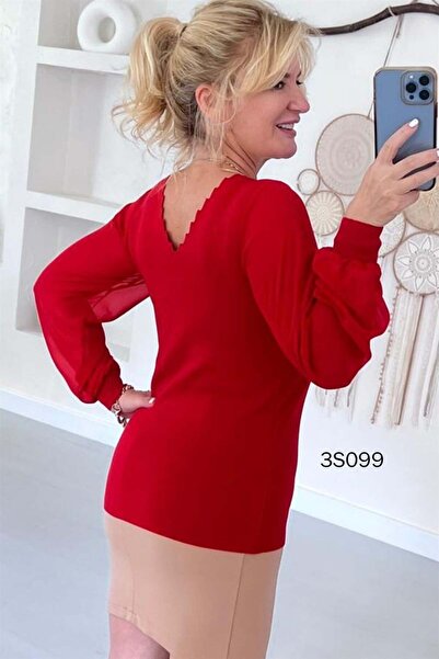 İnce Topuk Tulle Sleeve Ladder Collar Knitwear Blouse - 3s099