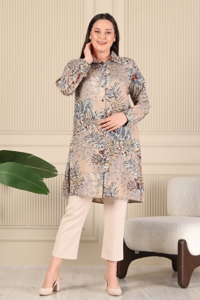 Ferace Large Size Mink Tunic - Shirt Collar and Button Detail