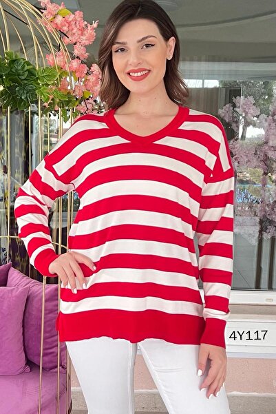 İnce Topuk Смугаста блузка з V-подібним вирізом - 4Y117